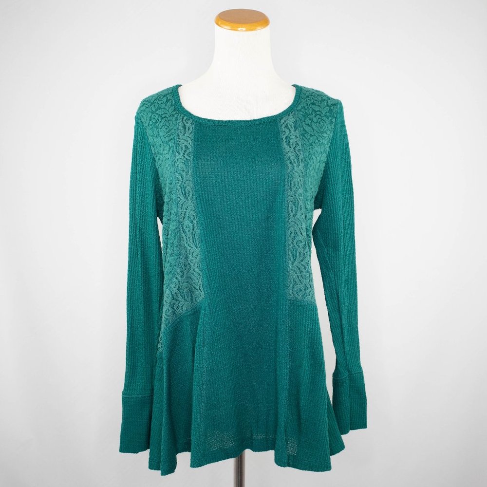 Symmetry teal stretch lace and waffle knit (L)